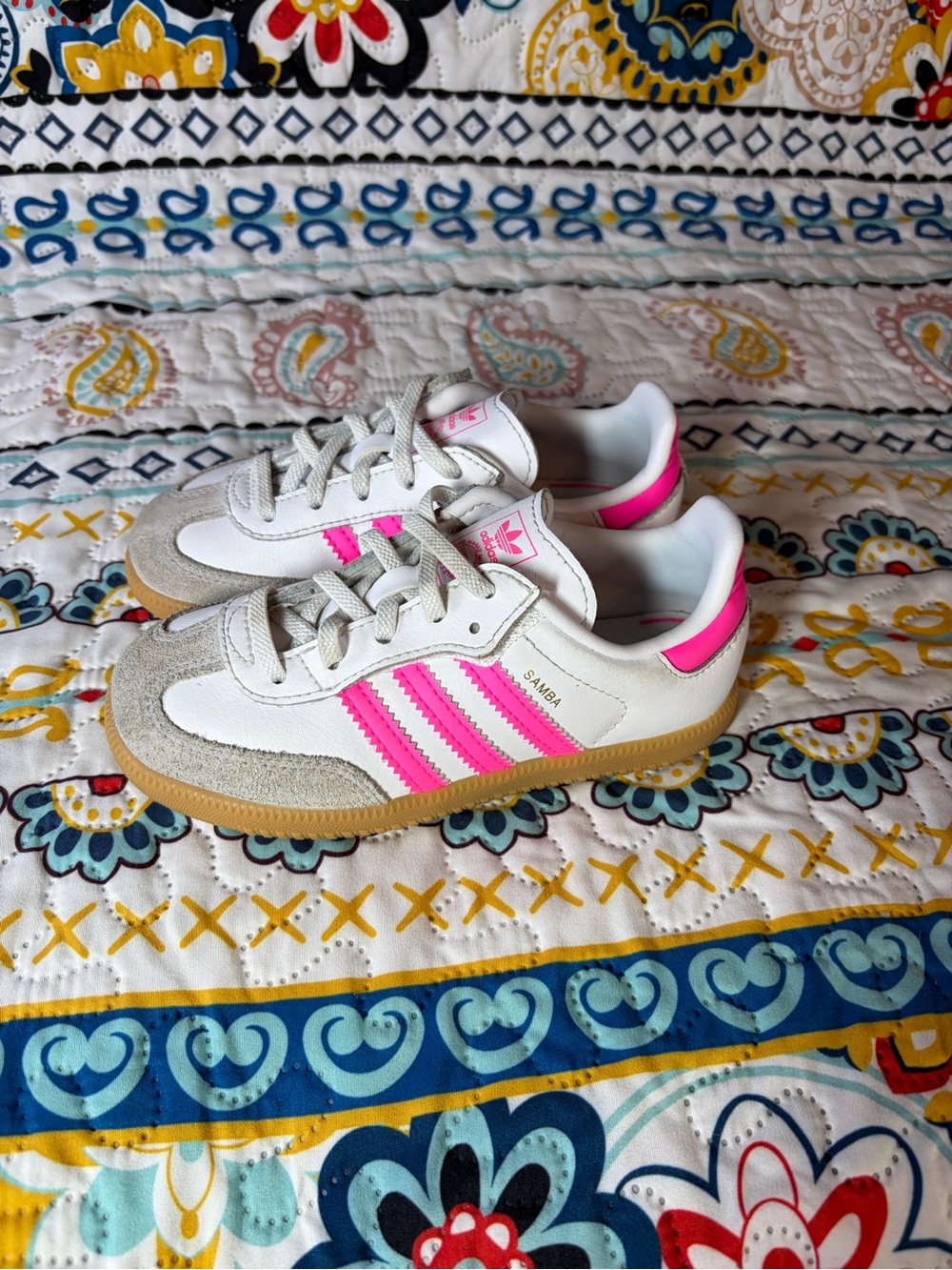 adidas Kids Samba Sneakers — White with Hot Pink Stripes